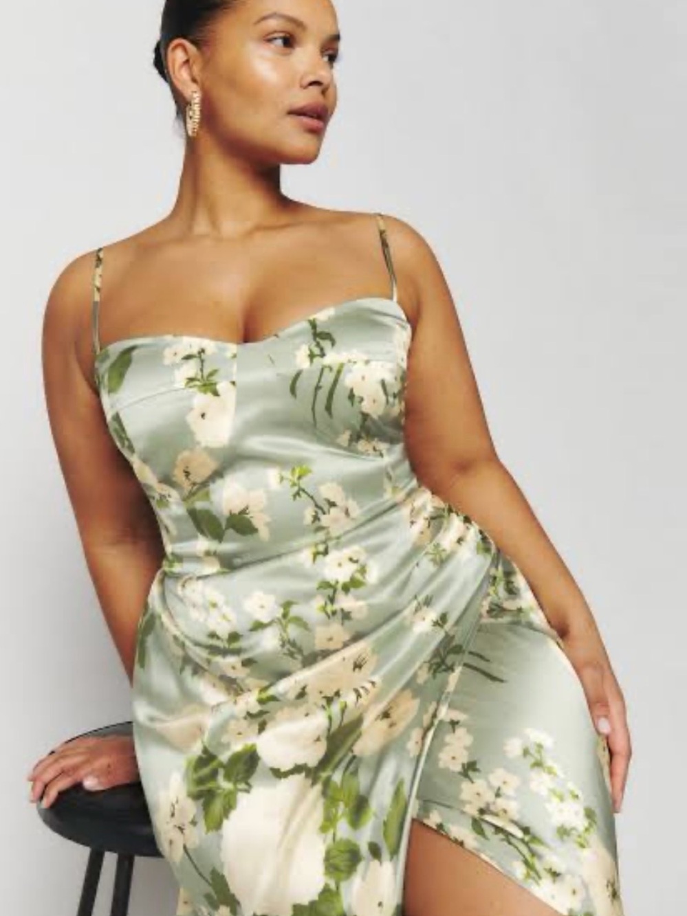 Reformation Marguerite Tarragon Floral Satin Strapless Slip Dress with Side Slit - Picture 2 of 5